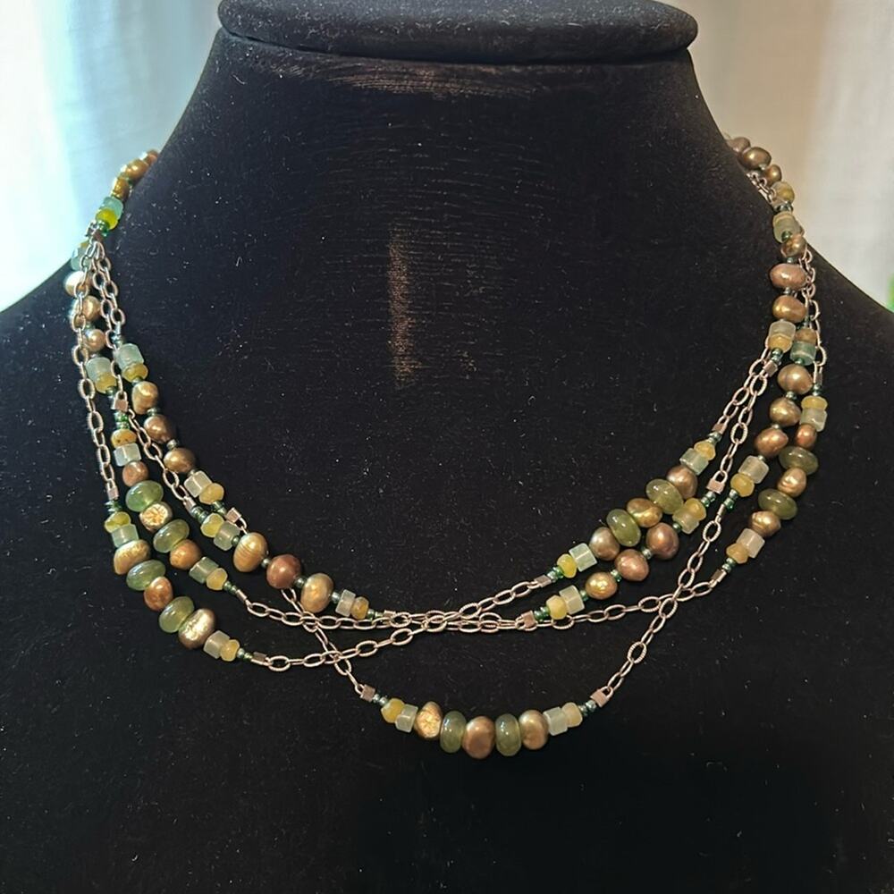 Silpada multi chain Pearl Stone Necklace #112 Silver green brown